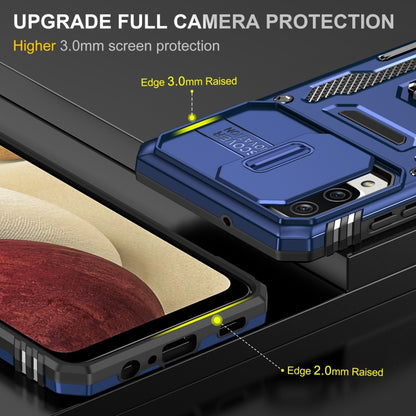 Navy blue rugged phone case with raised edge protection around screen and cameras