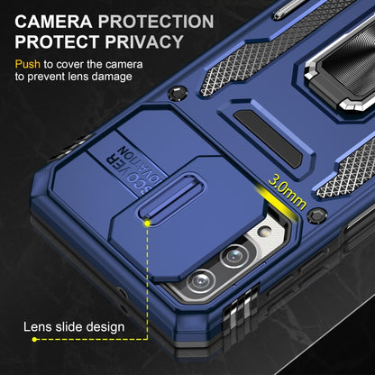 Navy blue rugged phone case with camera slider cover and lens side protection