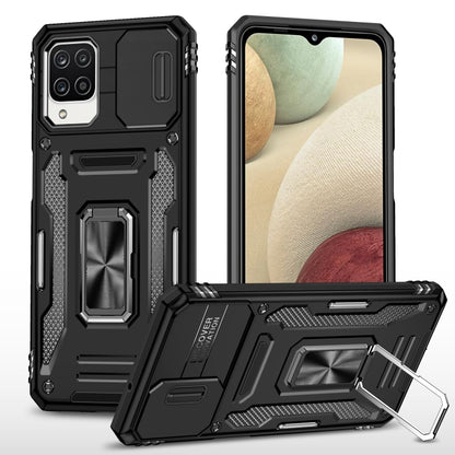 Black rugged armor PC TPU phone case with kickstand and camera cutouts