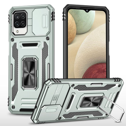 Rugged phone case with TPU camera shield and kickstand, light blue-gray