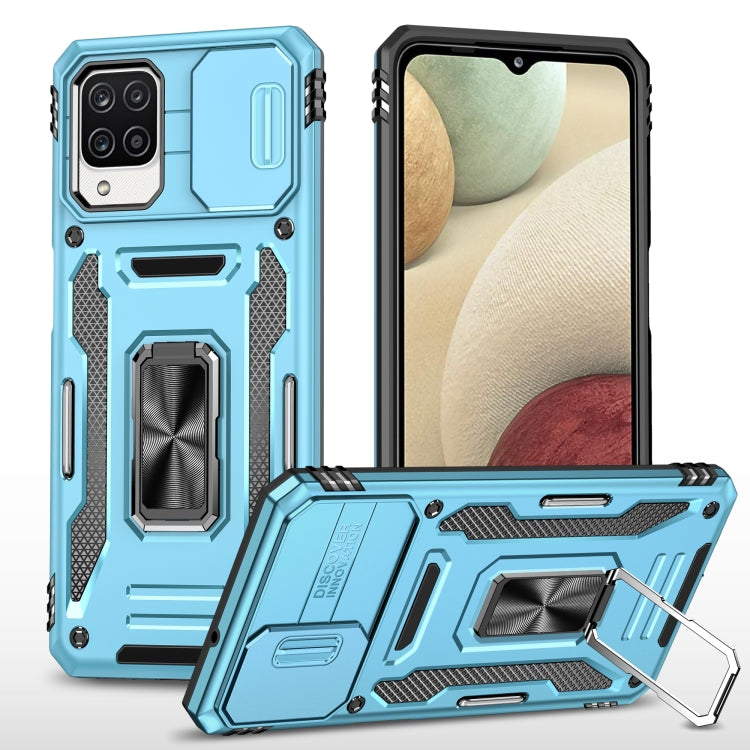 Rugged phone case with TPU camera shield and kickstand, light blue