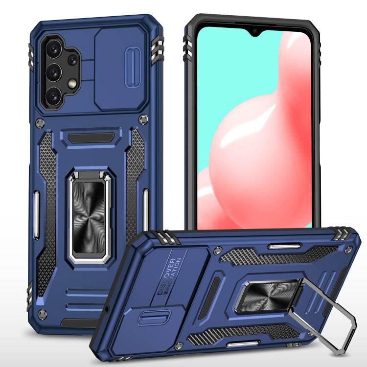 Rugged phone case with TPU camera shield and kickstand, navy blue
