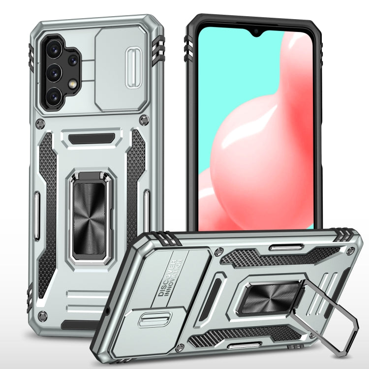 Rugged armor phone case with camera shield, grey, built-in kickstand