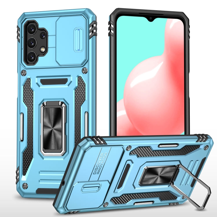 Rugged armor phone case with camera shield, light blue, built-in kickstand