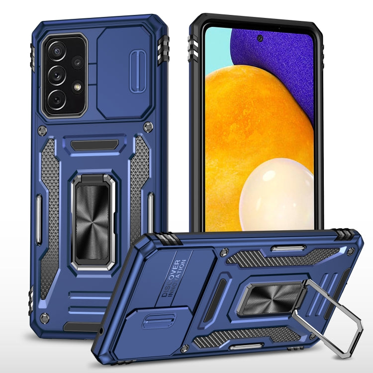 Rugged armor phone case with camera shield, navy blue, built-in kickstand