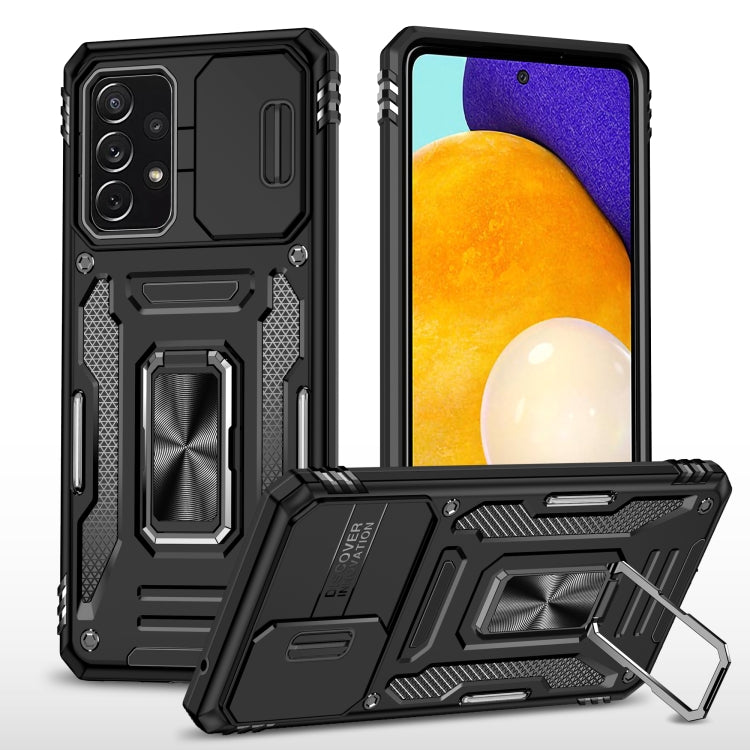 Rugged armor phone case with camera shield, black, built-in kickstand