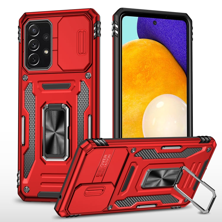 Rugged armor phone case with camera shield, red, built-in kickstand