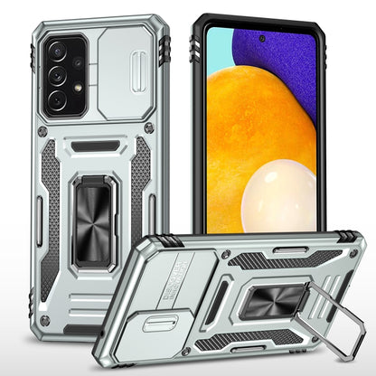 Rugged armor phone case with camera shield, grey, built-in kickstand