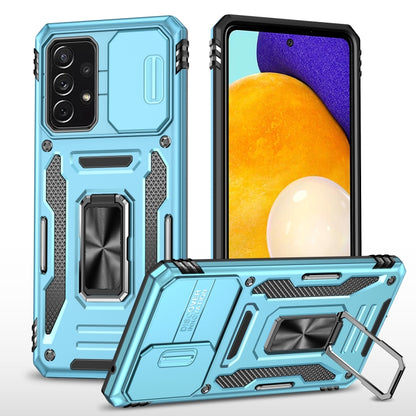 Rugged armor phone case with camera shield, light blue, built-in kickstand