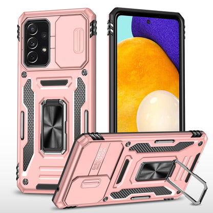 Rugged armor phone case with camera shield, rose gold, built-in kickstand