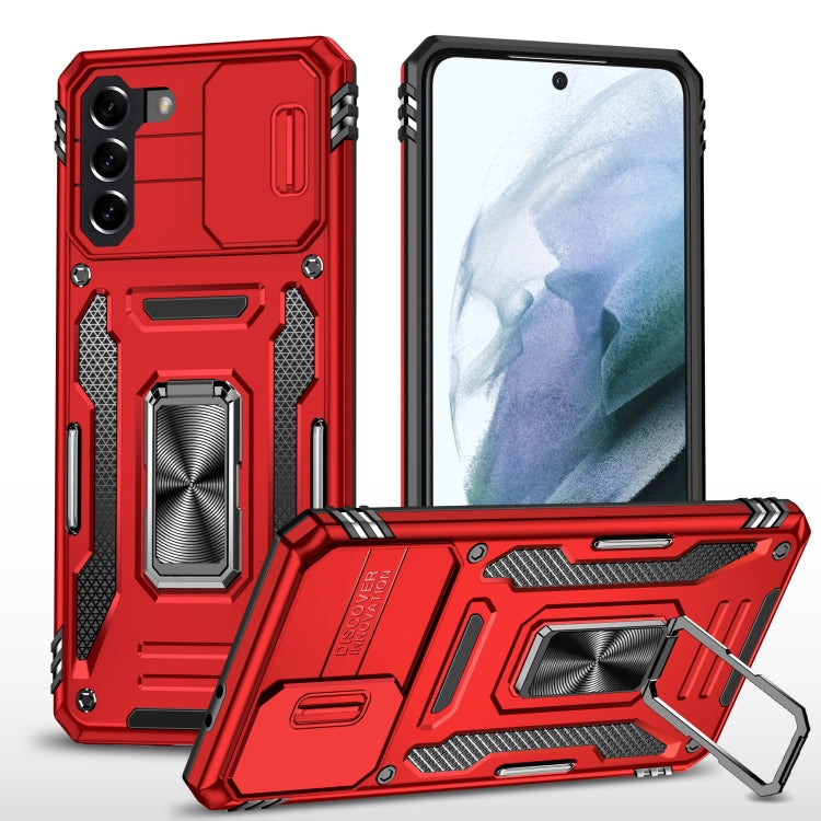 Armored phone case with camera shield and kickstand, red TPU/PC