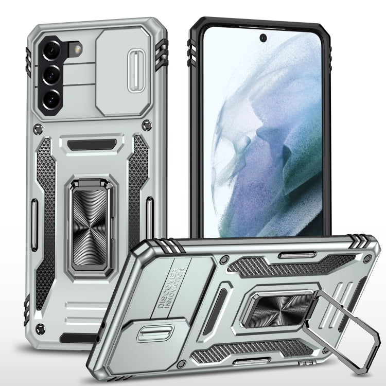 Armored phone case with camera shield and kickstand, light gray TPU/PC