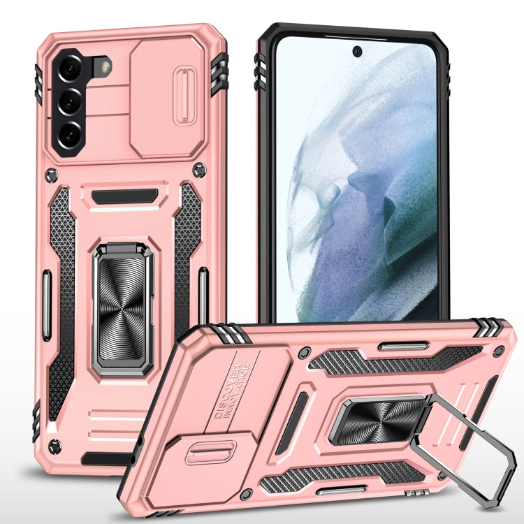 Armored phone case with camera shield and kickstand, rose pink TPU/PC