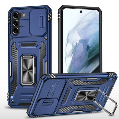 Armored phone case with camera shield and kickstand, navy blue TPU/PC