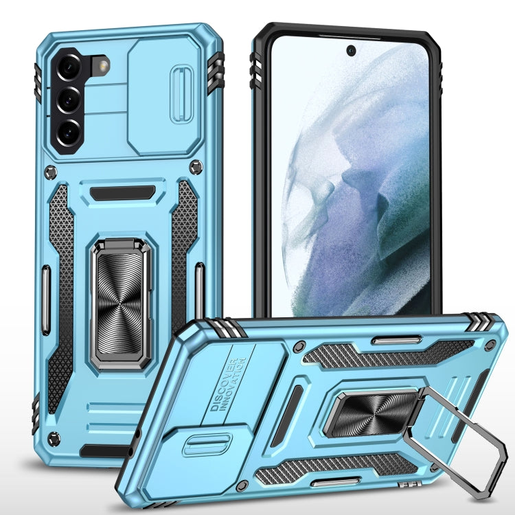 Armored phone case with camera shield and kickstand, light blue TPU/PC