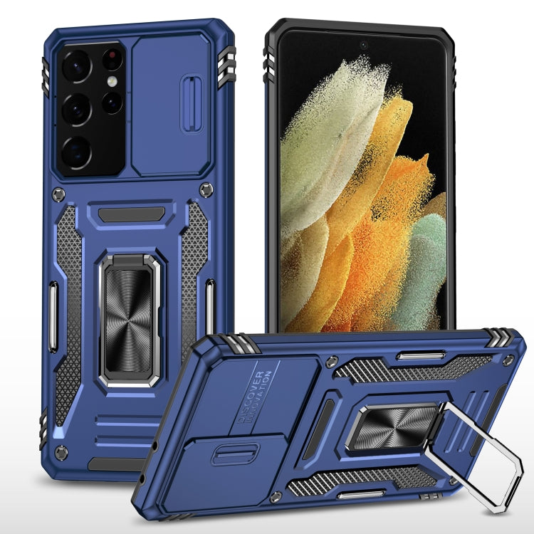 Rugged phone case with camera shield, navy blue, built-in kickstand