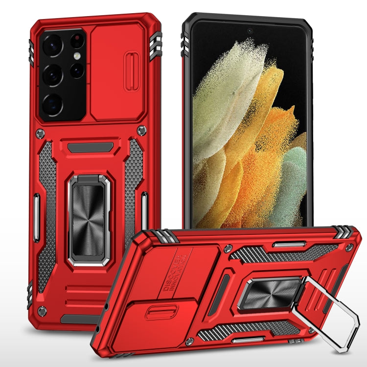 Rugged phone case with camera shield, red, built-in kickstand