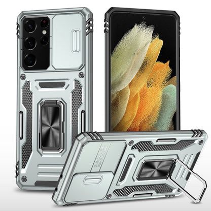 Rugged phone case with camera shield, light gray/white, built-in kickstand