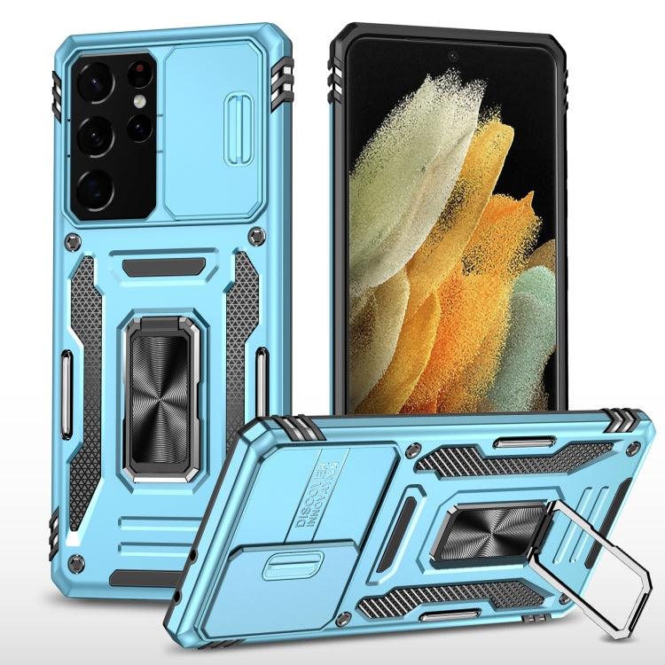 Rugged phone case with camera shield, light blue, built-in kickstand