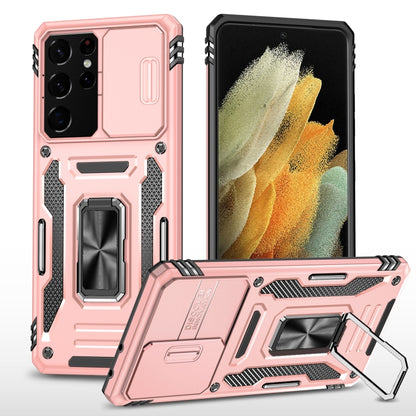 Rugged phone case with camera shield, rose pink, kickstand and textured grip