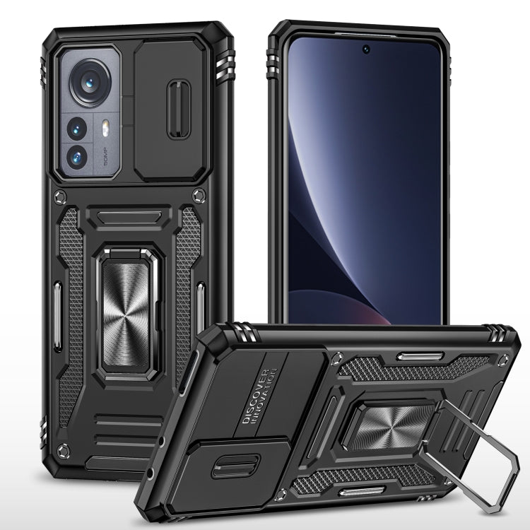Black rugged phone case with screen, rear camera cutouts, and kickstand