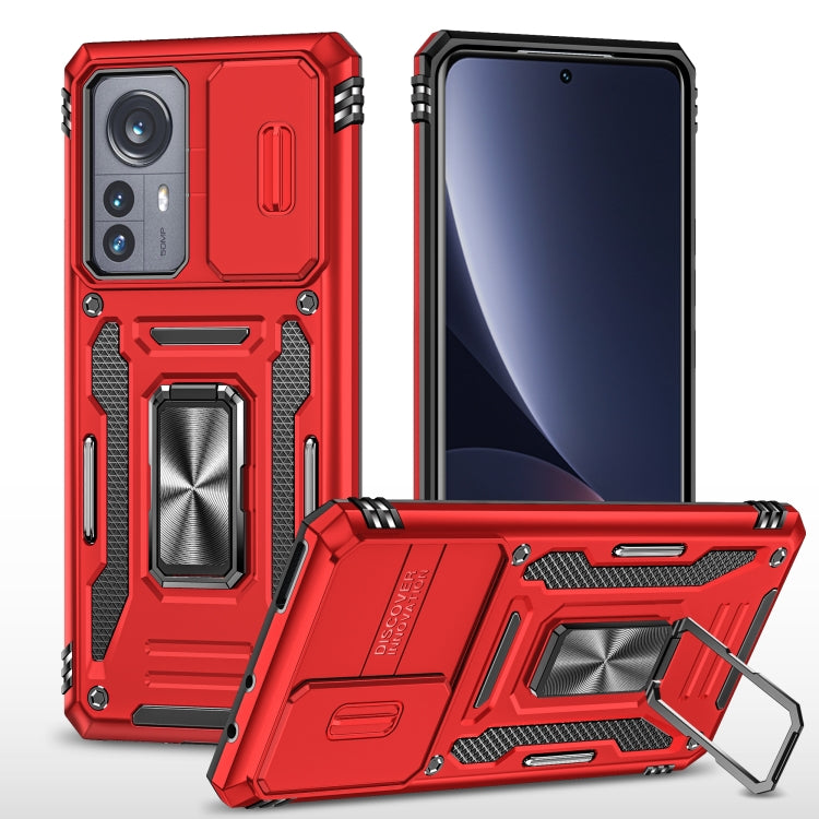 Rugged phone case with TPU camera shield and kickstand, red