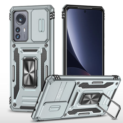 Rugged phone case with TPU camera shield and kickstand, gray