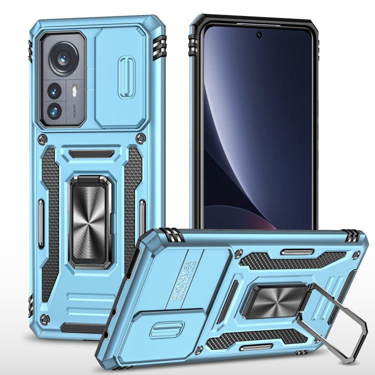 Rugged phone case with TPU camera shield and kickstand, light blue