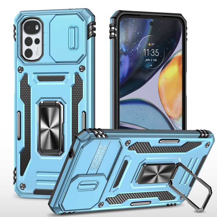 Armor phone case with camera shield, built-in kickstand, and textured grip, light blue metal