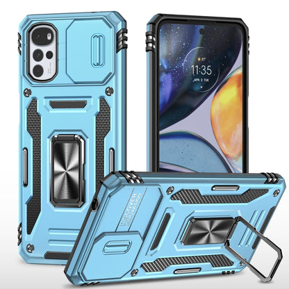 Armor phone case with camera shield, built-in kickstand, and textured grip, light blue metal