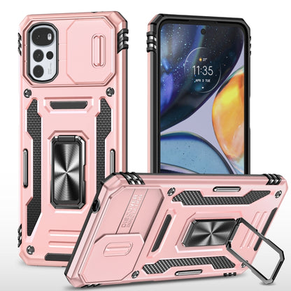 Armor phone case with camera shield, built-in kickstand, and textured grip, rose pink metal