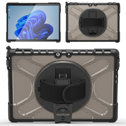 Tablet case with rotating hand strap mount and kickstand, textured beige/gray back