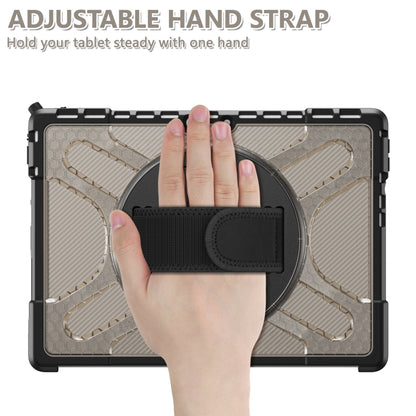 Tablet case with adjustable hand strap and circular kickstand, textured beige/gray back