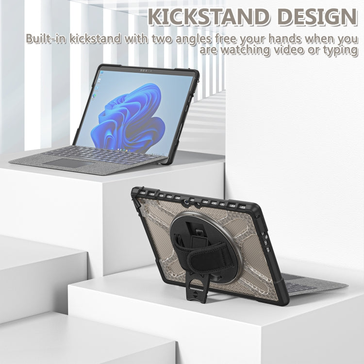 Tablet case with dual-angle kickstand, hand strap, textured beige/gray back