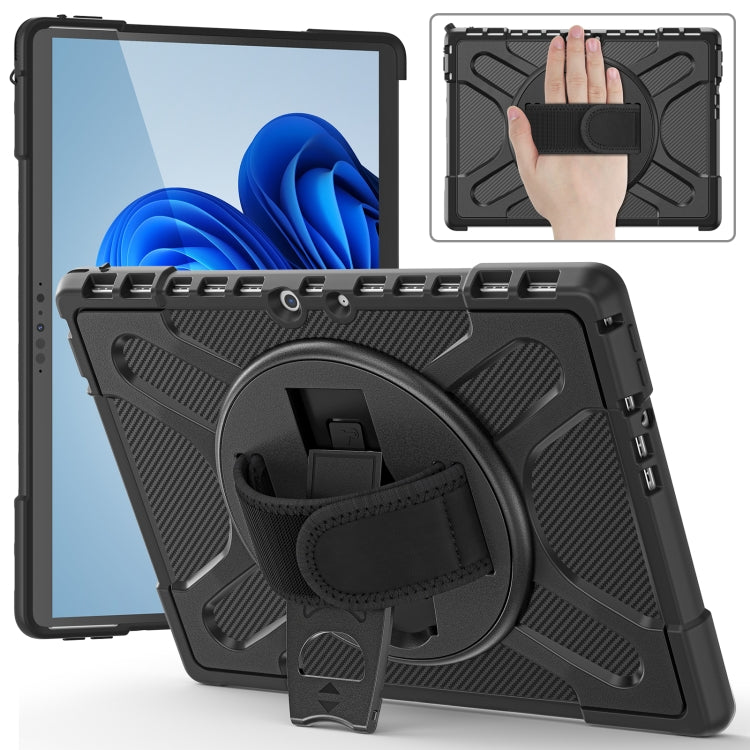 Black tablet case with hand strap and kickstand, textured pattern and side port cutouts