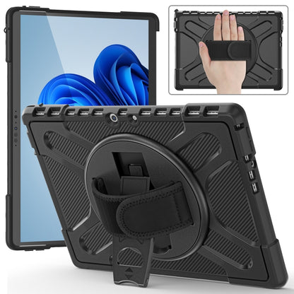 Black tablet case with hand strap and kickstand, textured pattern and side port cutouts