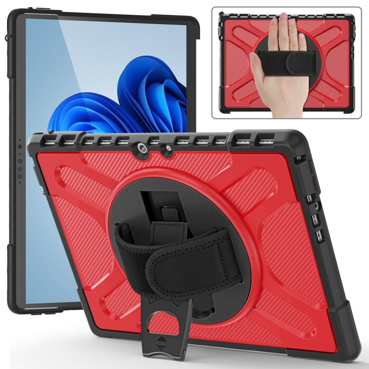Red tablet case with hand strap and kickstand, textured pattern and side port cutouts