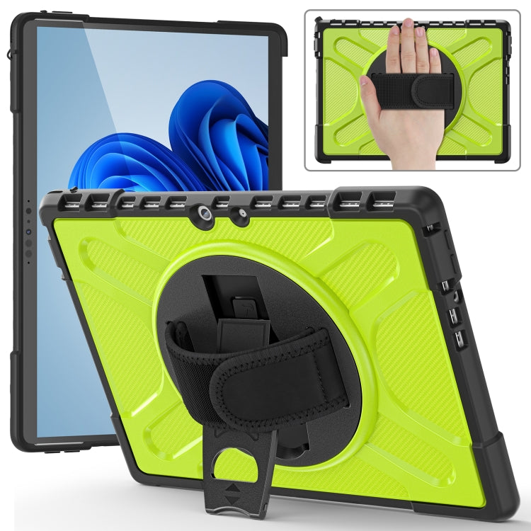 Yellow-green tablet case with hand strap and kickstand, textured pattern and side port cutouts