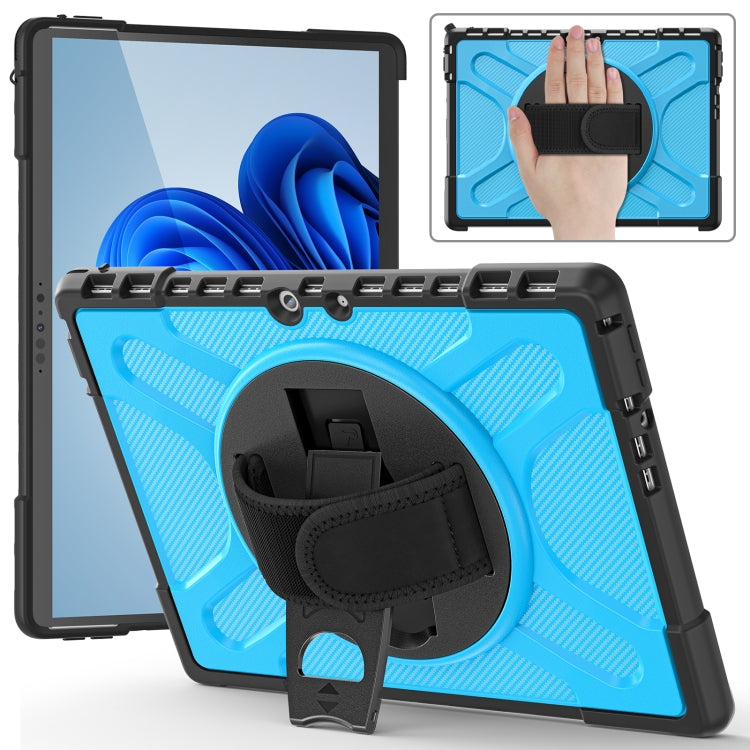 Blue tablet case with hand strap and kickstand, textured pattern and side port cutouts