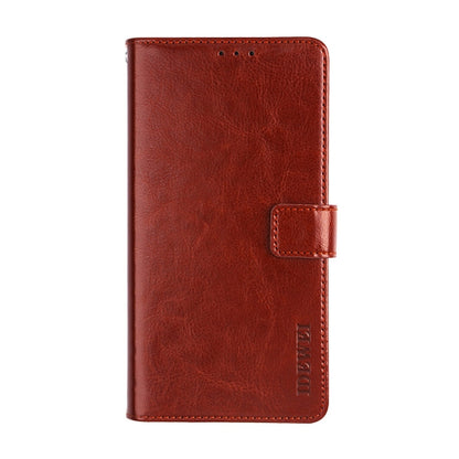 Red-brown flip leather phone case with magnetic strap and visible card holder
