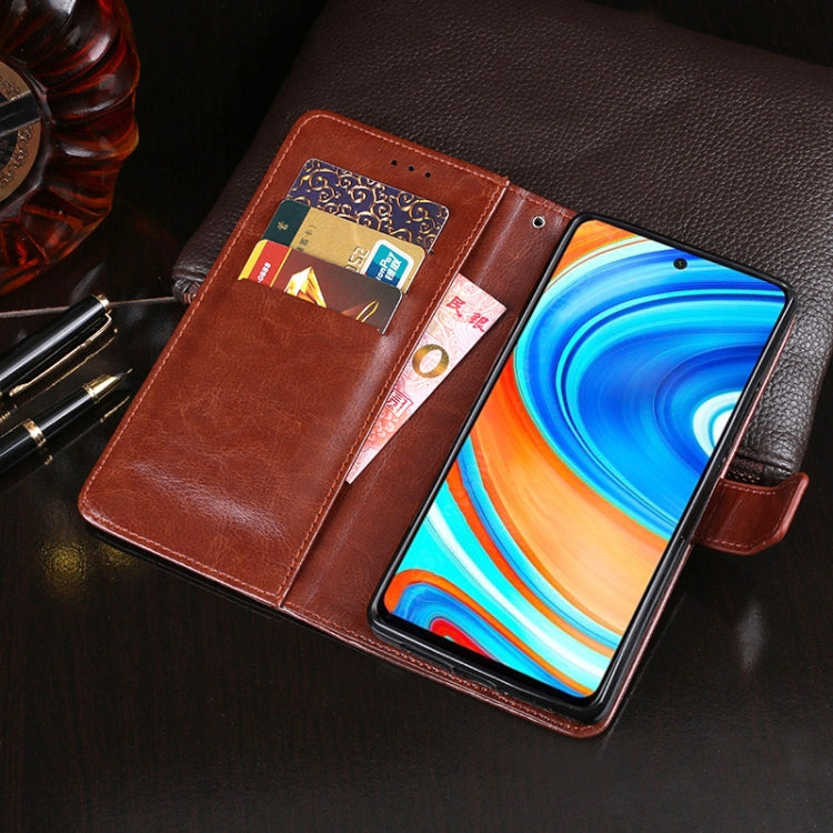 Brown flip leather phone case with card slots and front cover over phone