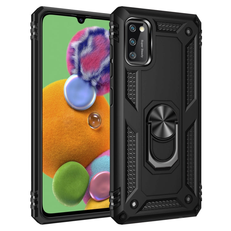 Black rugged protective phone case with rotating ring stand and raised camera cover