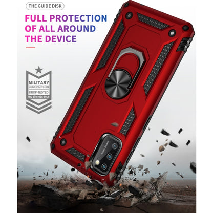 Red rugged protective phone case with raised corners, textured edges, and rotating ring holder