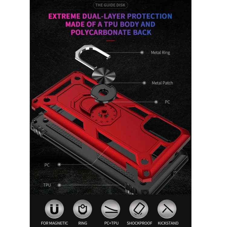 Red dual-layer rugged phone case with metal ring holder and textured TPU sides