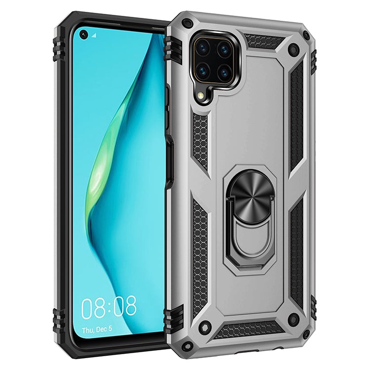 Shockproof rugged phone case with rotating holder, gray armor design with raised corners