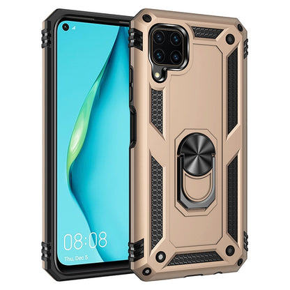 Beige rugged shockproof phone case with 360° rotating ring holder and camera cutout