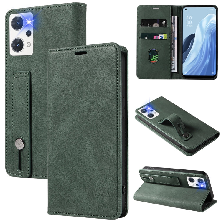 Green magnetic leather phone case with wrist strap and folio cover for secure protection