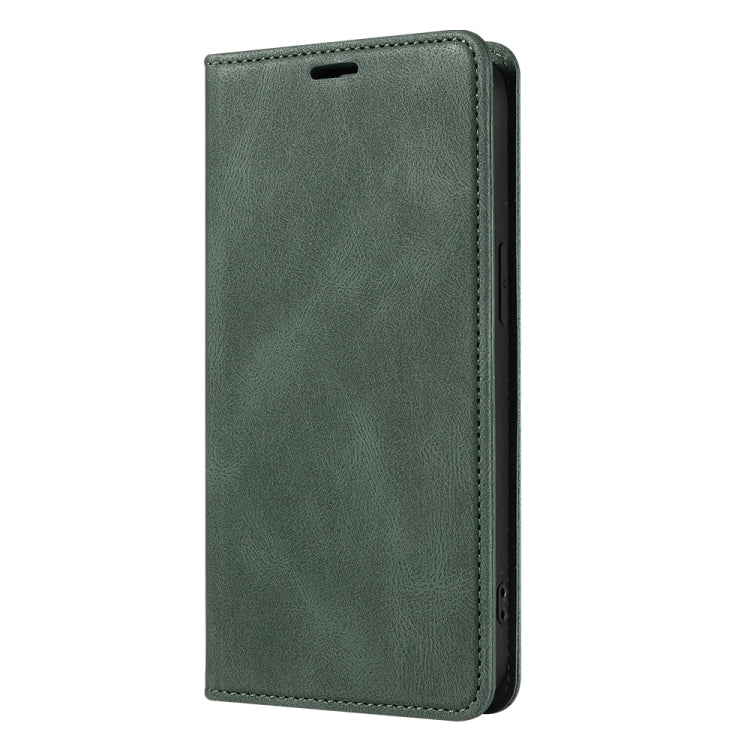 Green magnetic leather folio phone case with wrist strap slot and cutouts for ports