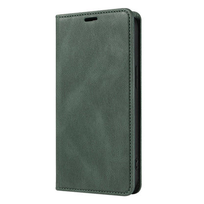 Green magnetic leather folio phone case with wrist strap slot and cutouts for ports