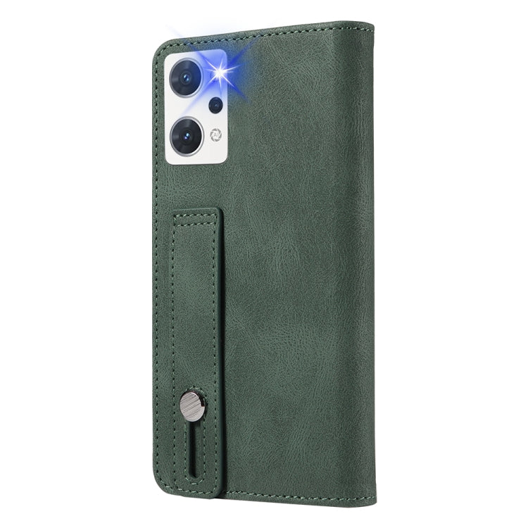Green magnetic leather phone case with wrist strap, stitched edges, and camera cutout
